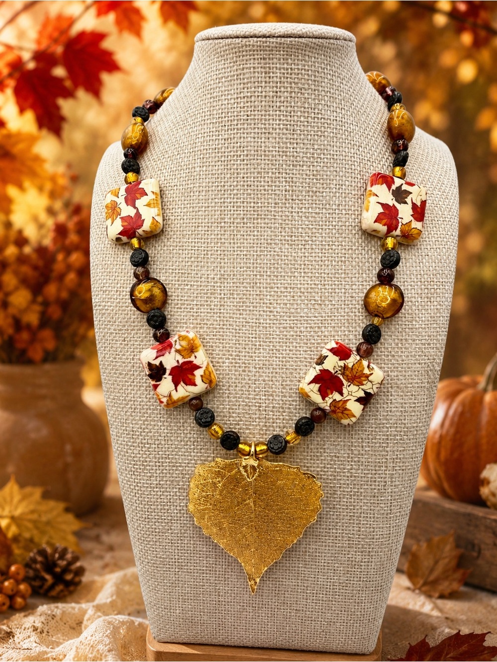 Artisan Autumn Leaf Necklace Gold Dipped Leaf Ceramic Lampwork Czech Glass 18”